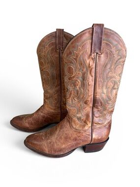Tony lama Classic Brown Leather Cowboy Boots - Embroidered Shaft men 9 EE